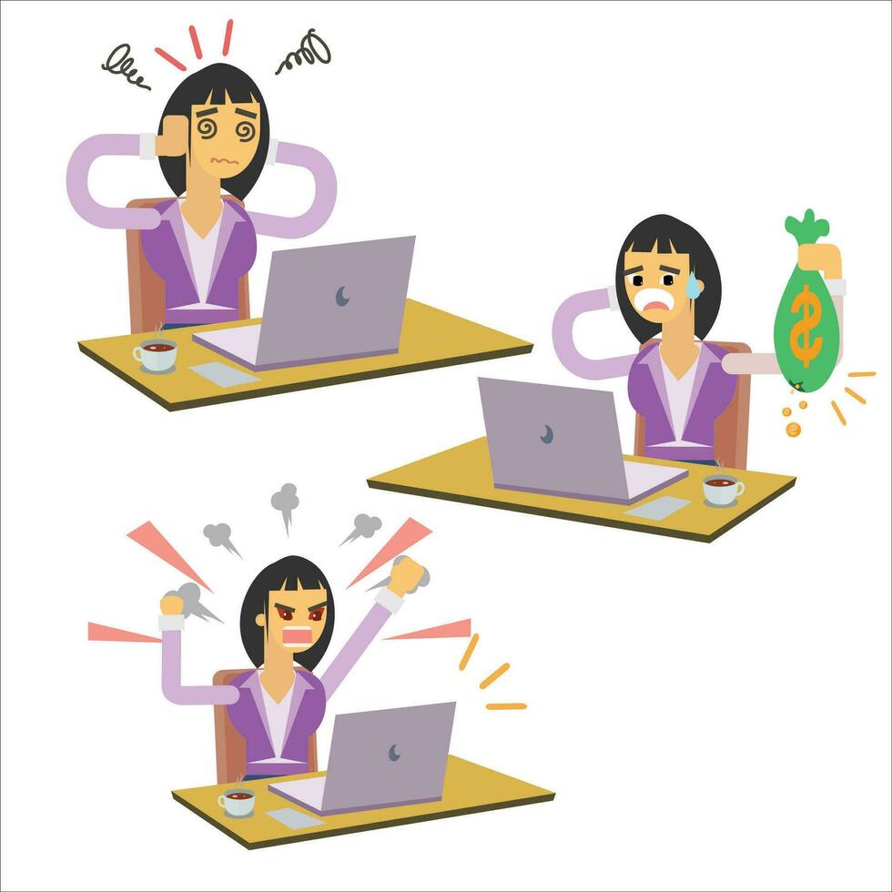 Business woman Set working at the computer Vector illustration in a flat style