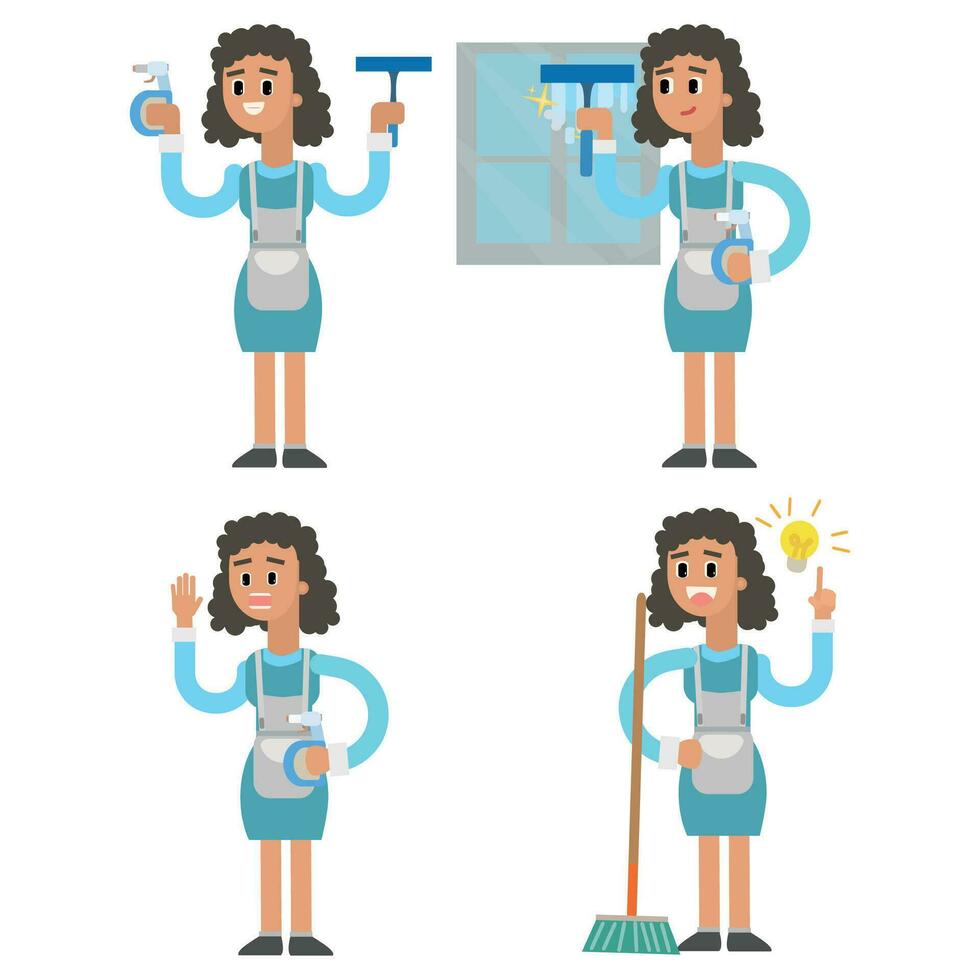 limpiador mujer personaje. limpieza dama en uniforme. vector ilustración
