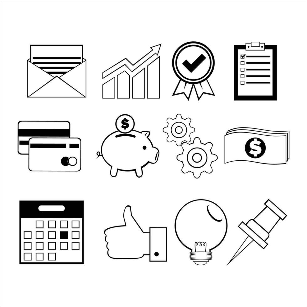 Business and finance icons set. Vector illustration in black and white colors.