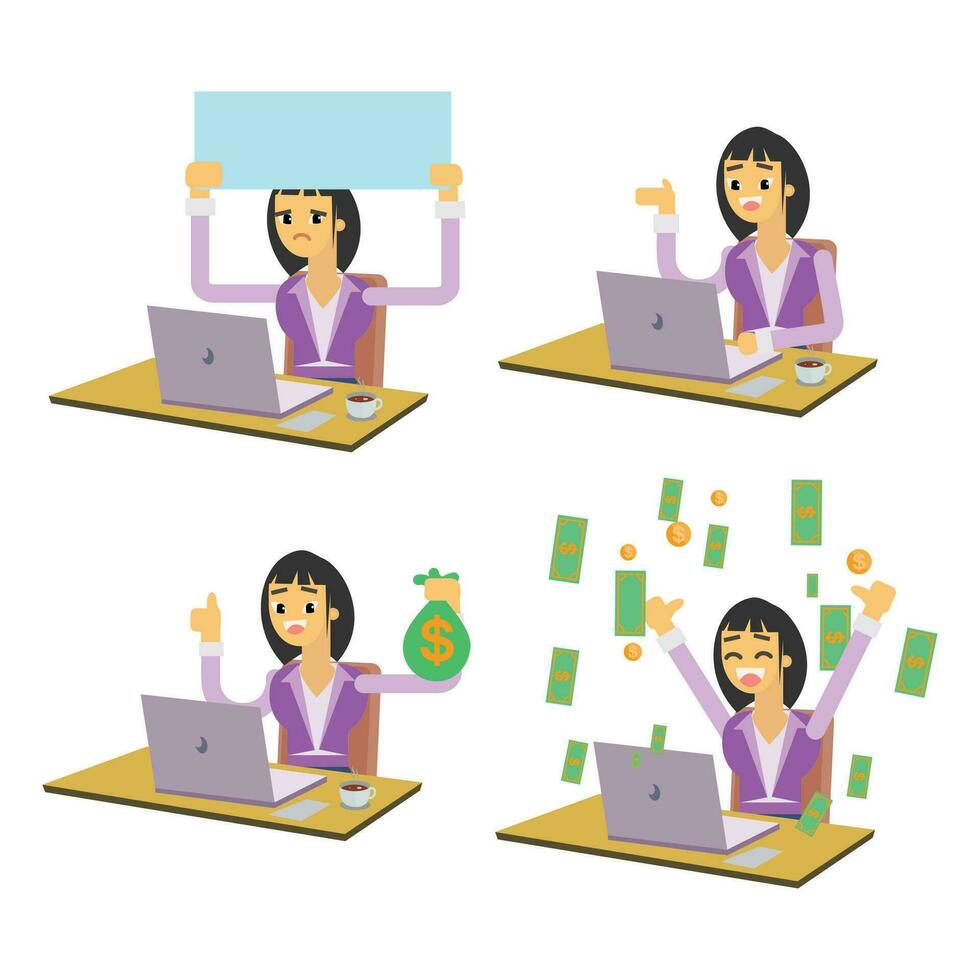 Set of business women working at office. Vector illustration in cartoon style.