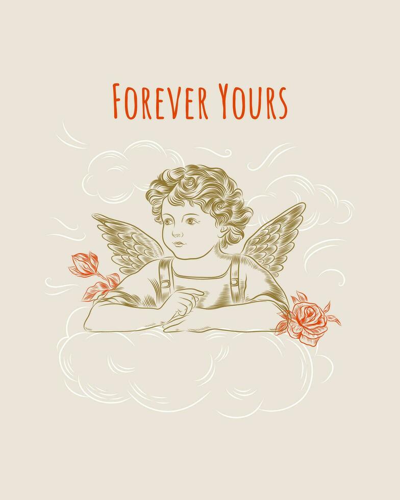 Vintage Valentine's day cupids or little angels cards. Engraving retro style vector