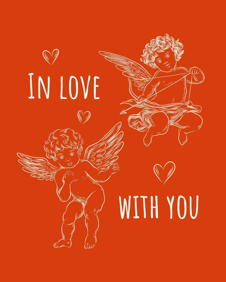 Clásico San Valentín día cupidos o pequeño ángeles tarjetas grabado retro estilo vector