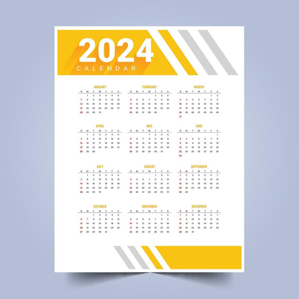 white and yellow 2024 monthly planner calendar layout design vctor vector