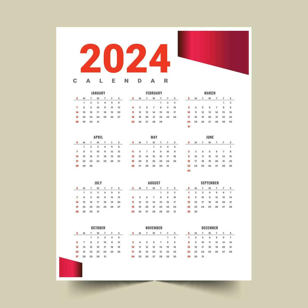 white and red 2024 new year annual calendar layout design vector