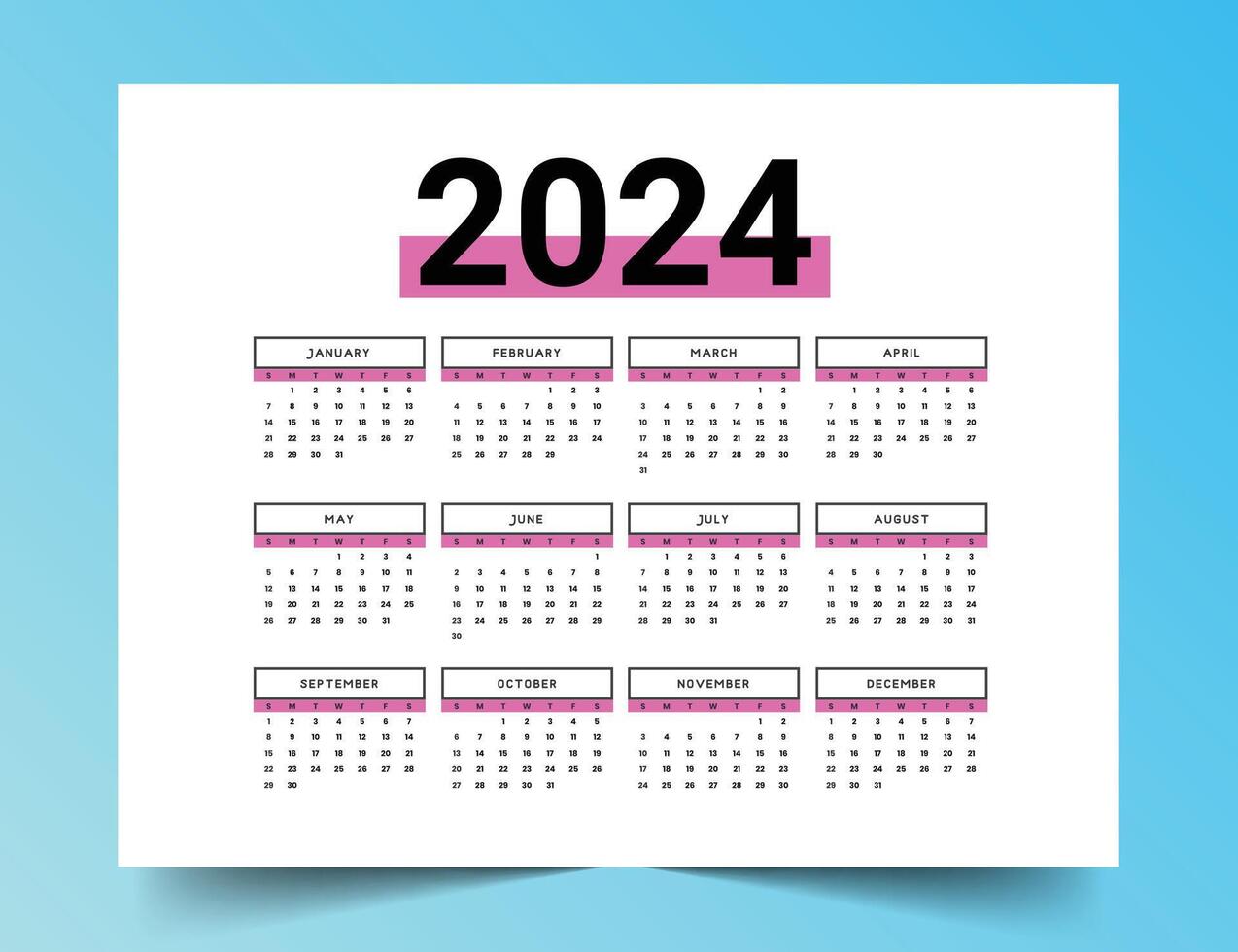 simple 2024 english new year calendar template for event planner vector