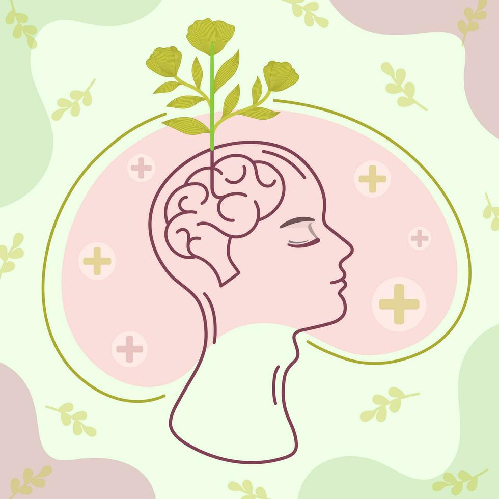 mental health concept with brain icon and plants and flowers vector