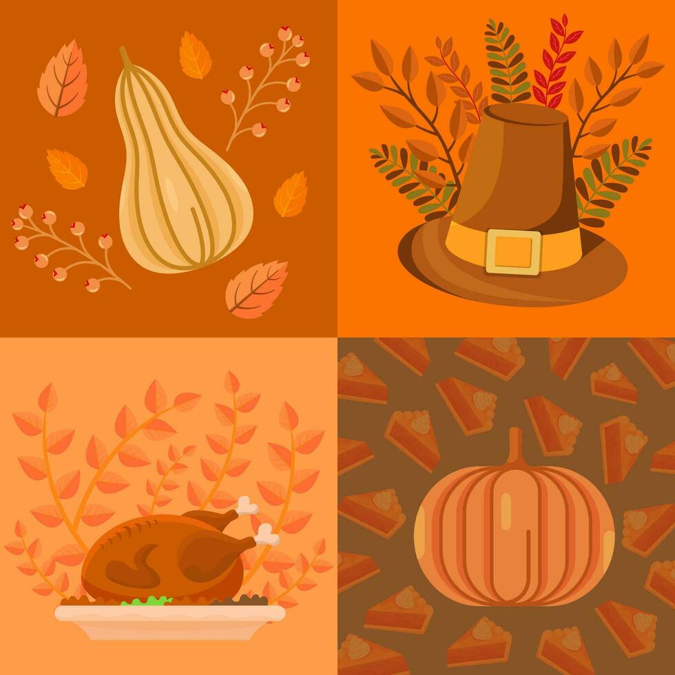 The icons for Thanksgiving are pumpkins, hats and turkey dishes vector