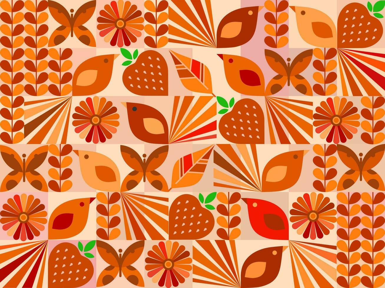 geometric shapes with beautiful birds and fruits for background vector