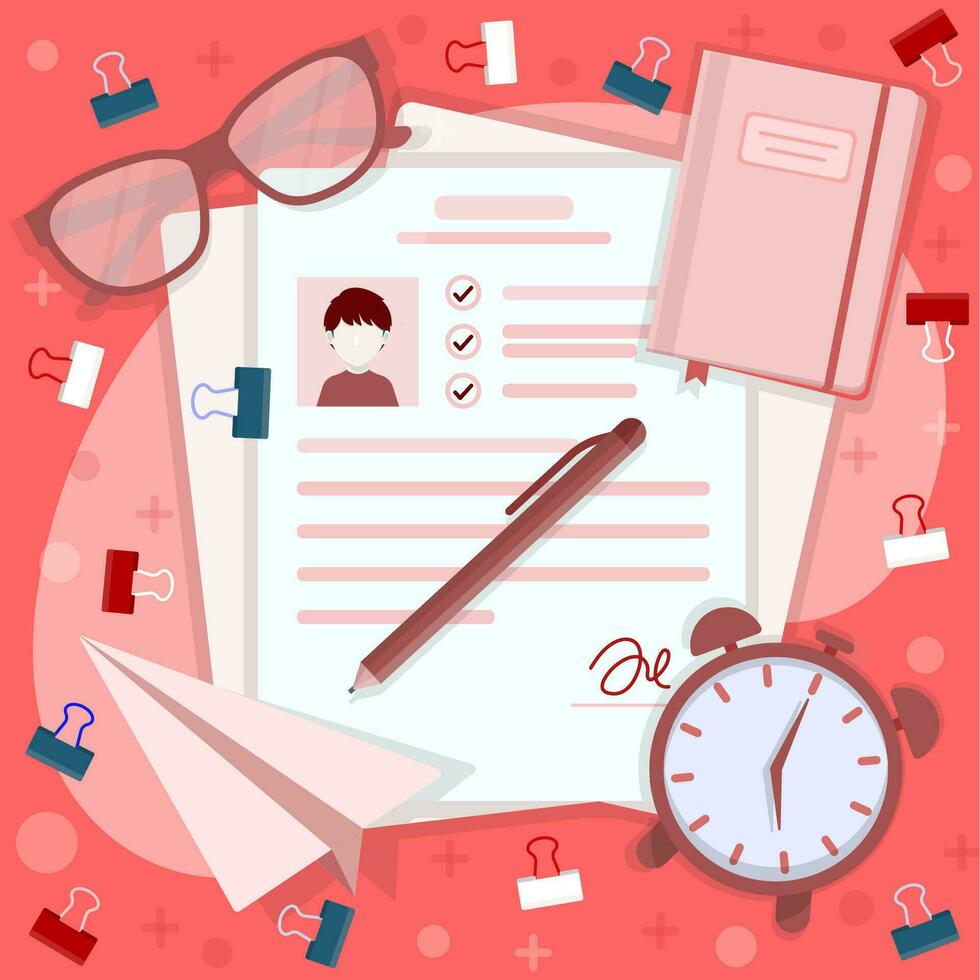 job applicant resume and cv documents along with alarm icon, note paper and pen vector