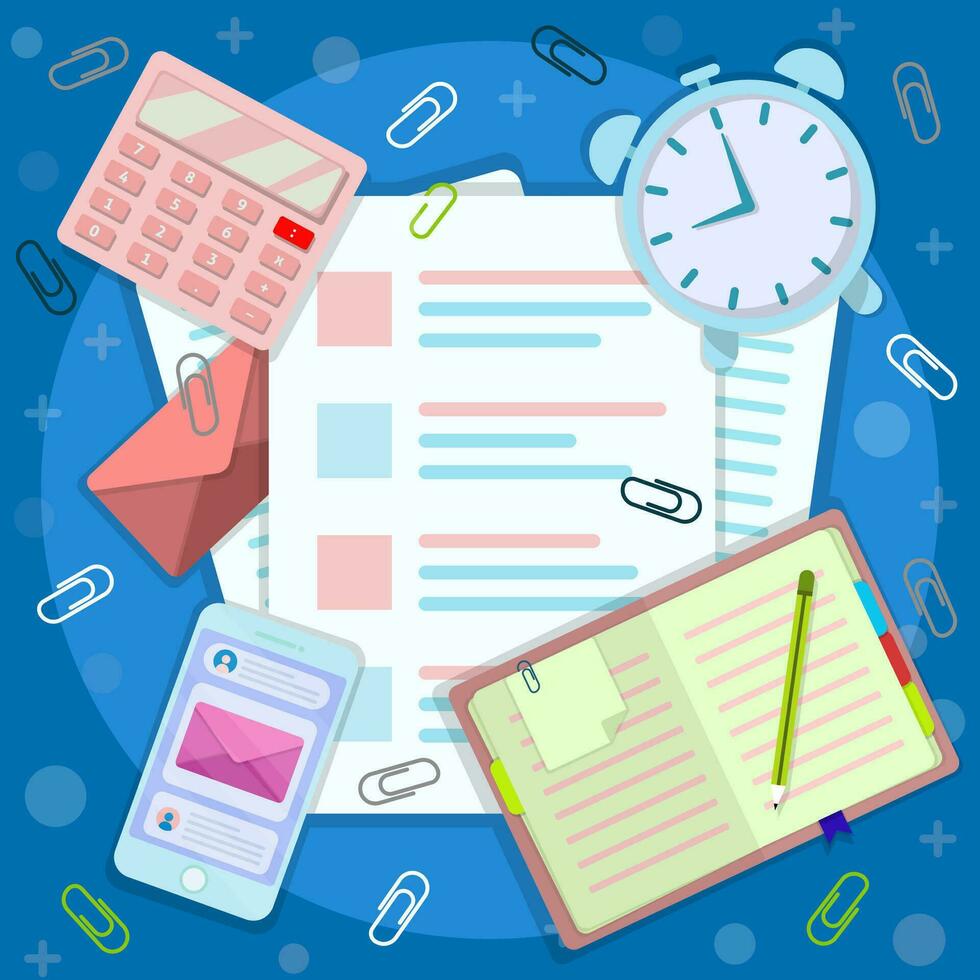 list documents and other office equipment icons such as calculators, clocks and notebooks vector
