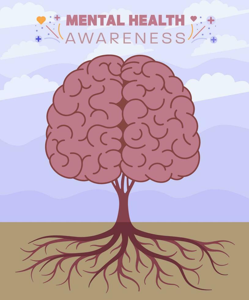 Mental health awareness day greeting with brain and tree illustration vector