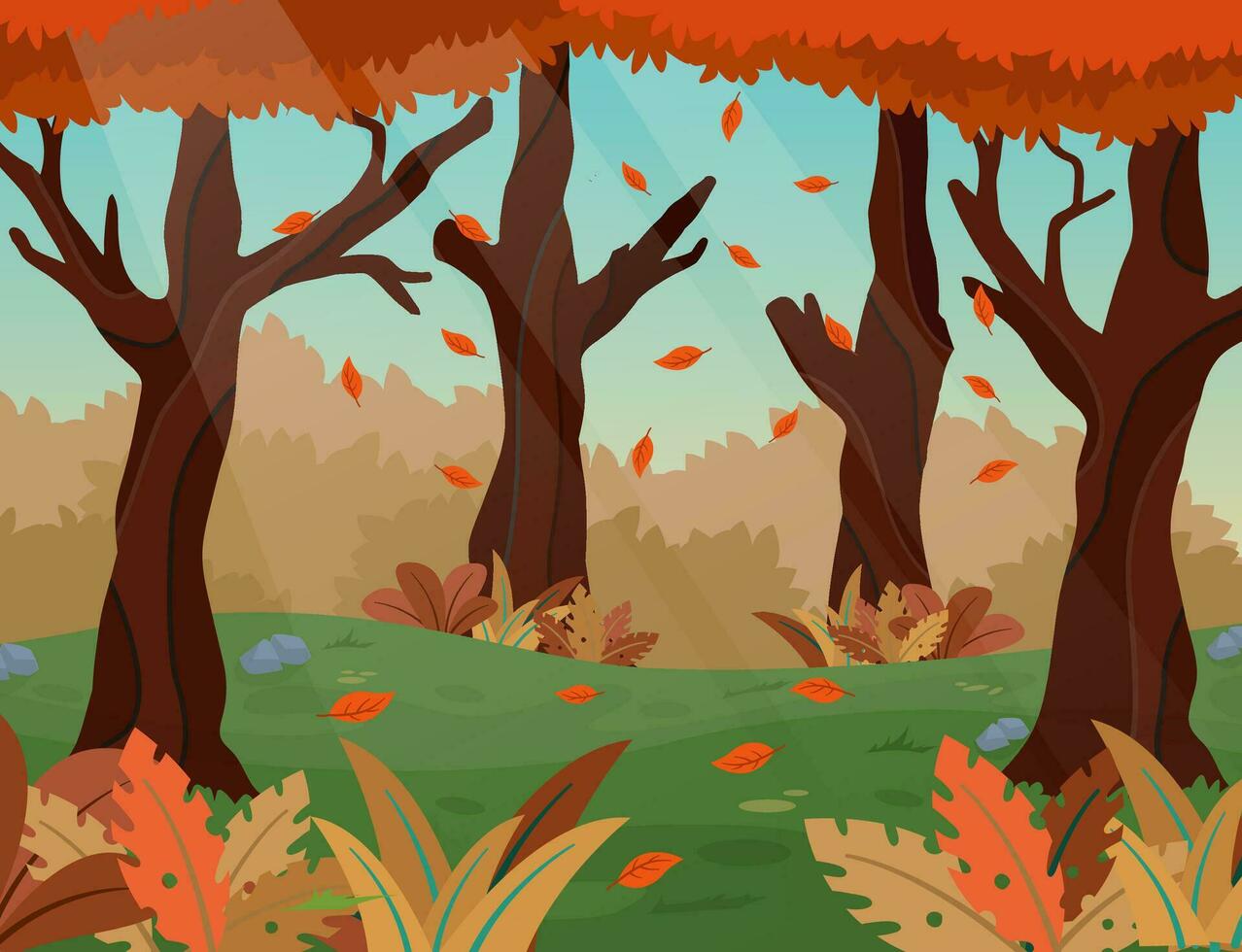 natural paisaje de bosques y caído hojas en otoño vector