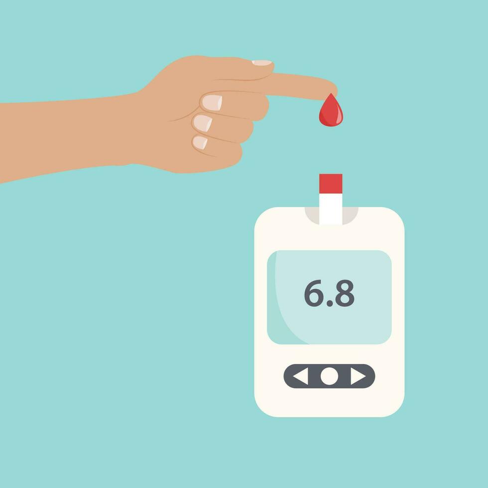 Blood drop from a finger prick being tested on a glucometer vector illustration graphic background