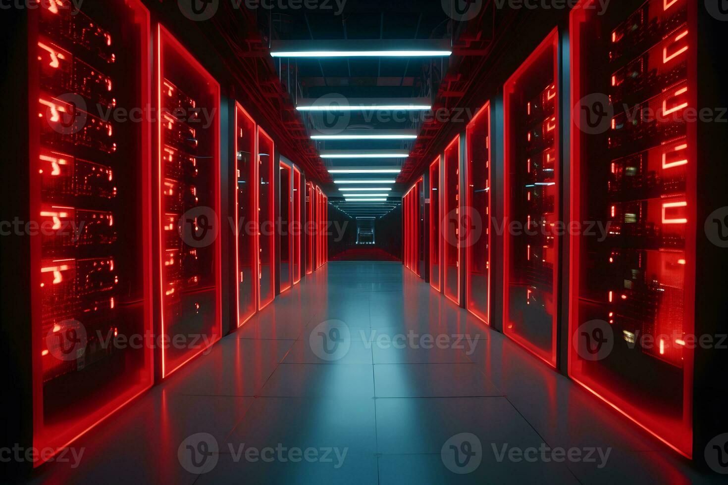 AI generated Data processing center. Server room in red light. Neural network AI generated photo