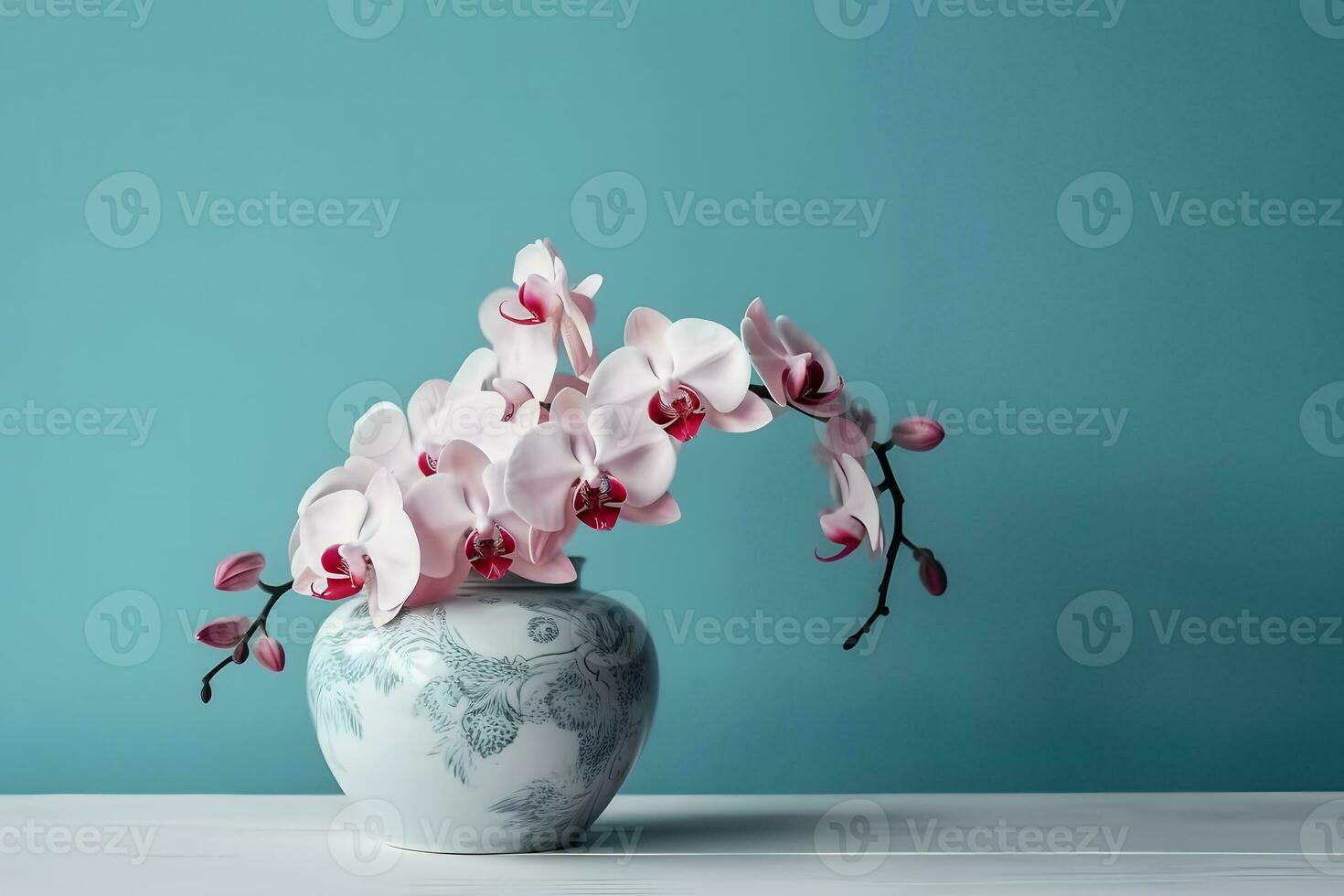 AI generated Orchid flower in a round vase. Neural network AI generated photo