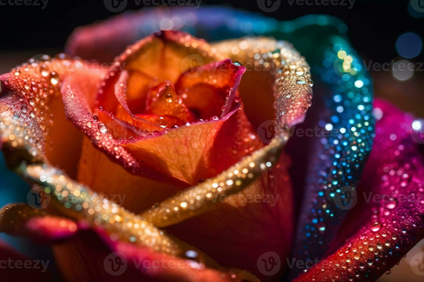 AI generated Rainbow rose with dew drops. Neural network AI generated photo