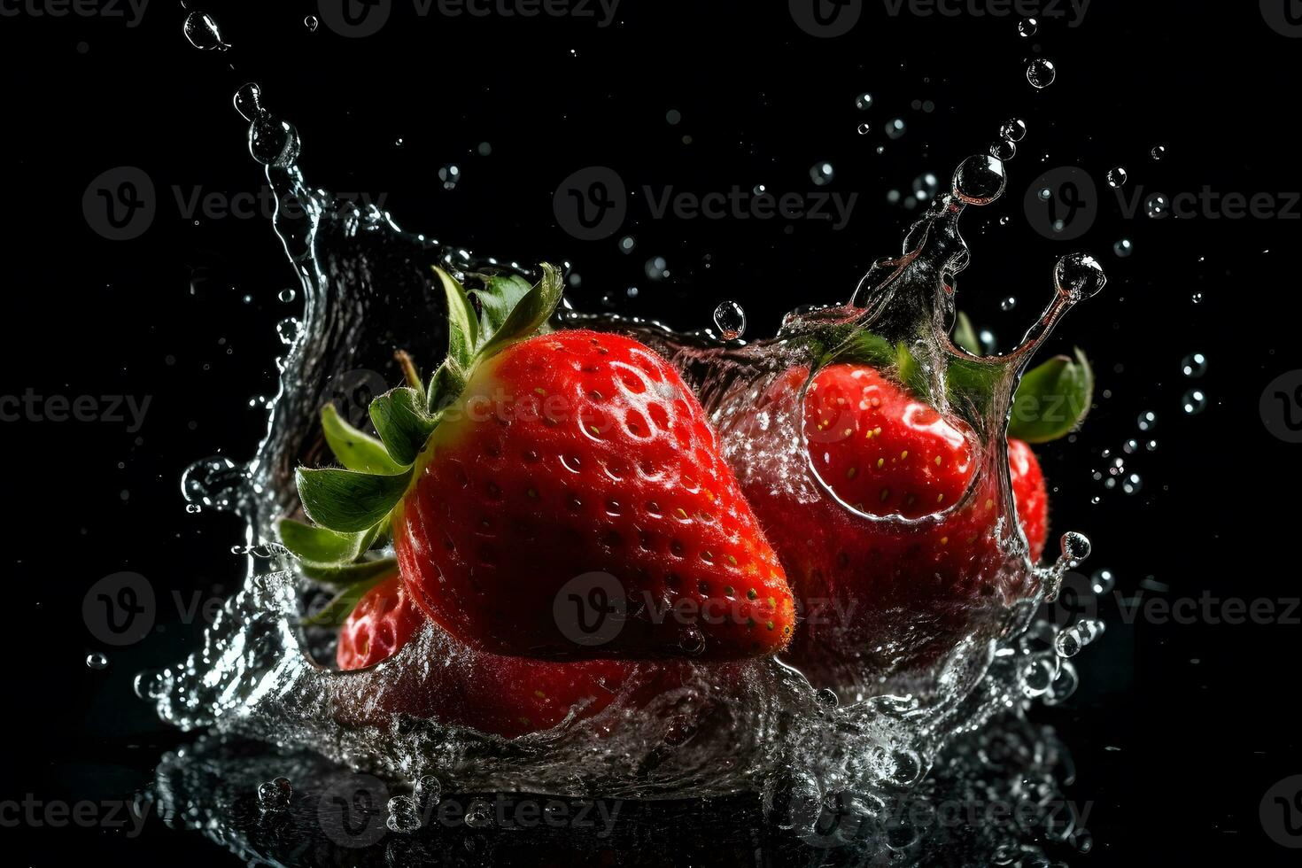 AI generated Strawberries and splashes of water on a black background. Neural network AI generated photo