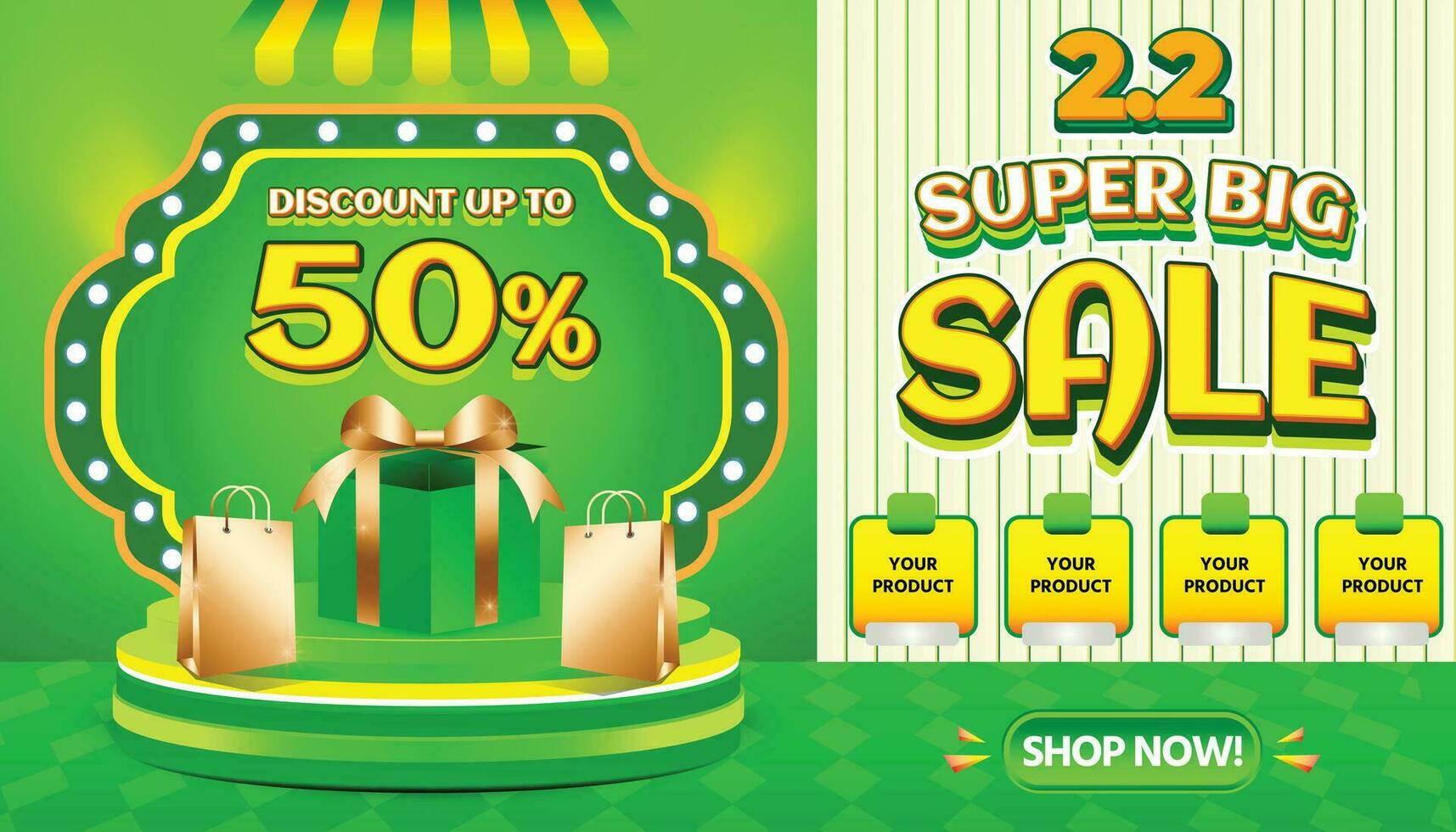 2 2 FEBRUARY SUPER BIG SALE GREEN YELLOW PROMO DISCOUNT 50 PERCENT BACKGOUND TEMPLATE SOCIAL MEDIA vector