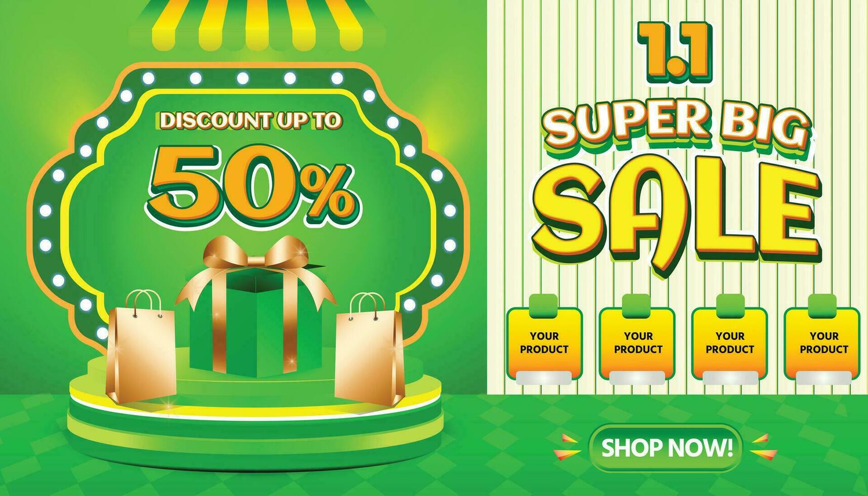 1 1 JANUARY SUPER BIG SALE GREEN YELLOW PROMO DISCOUNT 50 PERCENT BACKGOUND TEMPLATE SOCIAL MEDIA vector