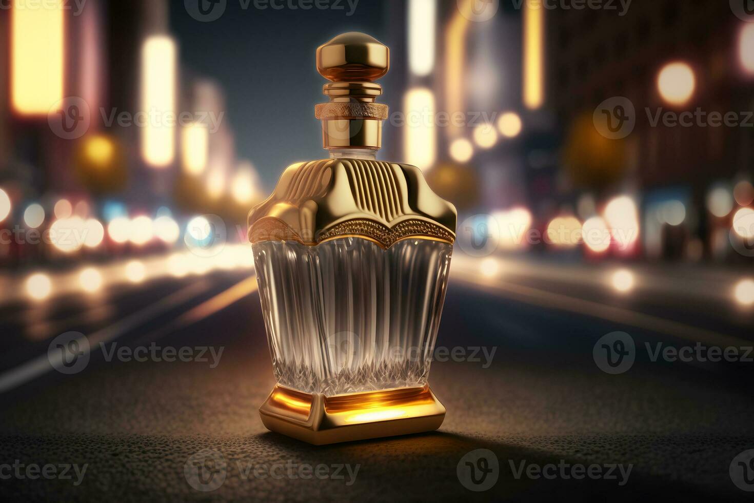 AI generated Perfume bottle against the backdrop of night city lights. Neural network generated art photo