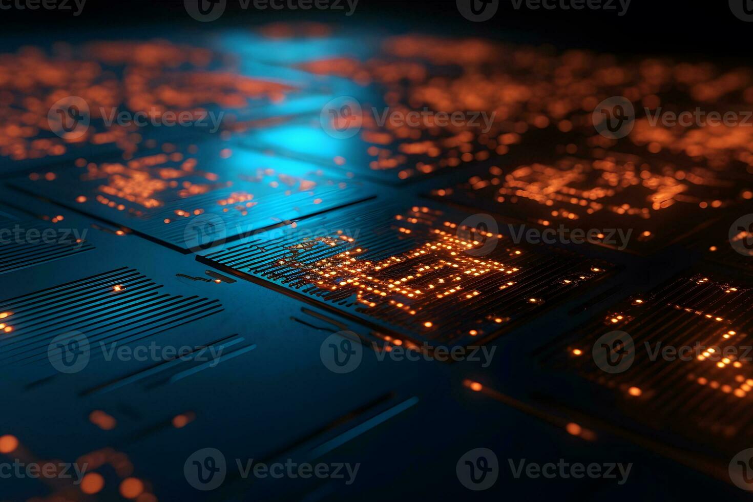 AI generated Close-up view of a modern GPU card with circuit and colorful lights and details. Neural network AI generated photo