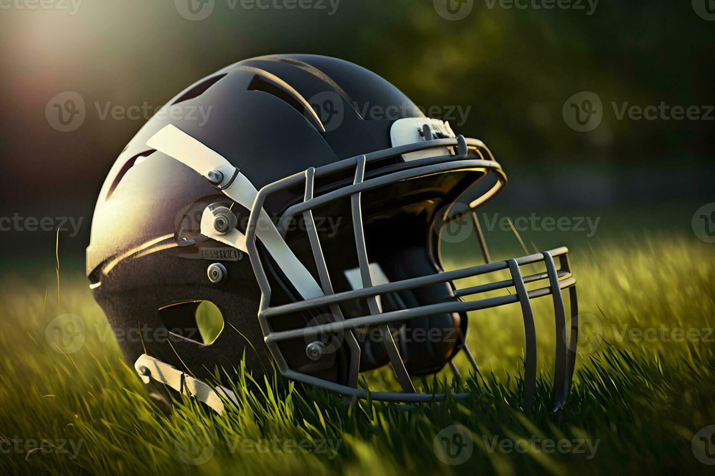 AI generated American football helmet on green grass. Neural network AI generated art photo