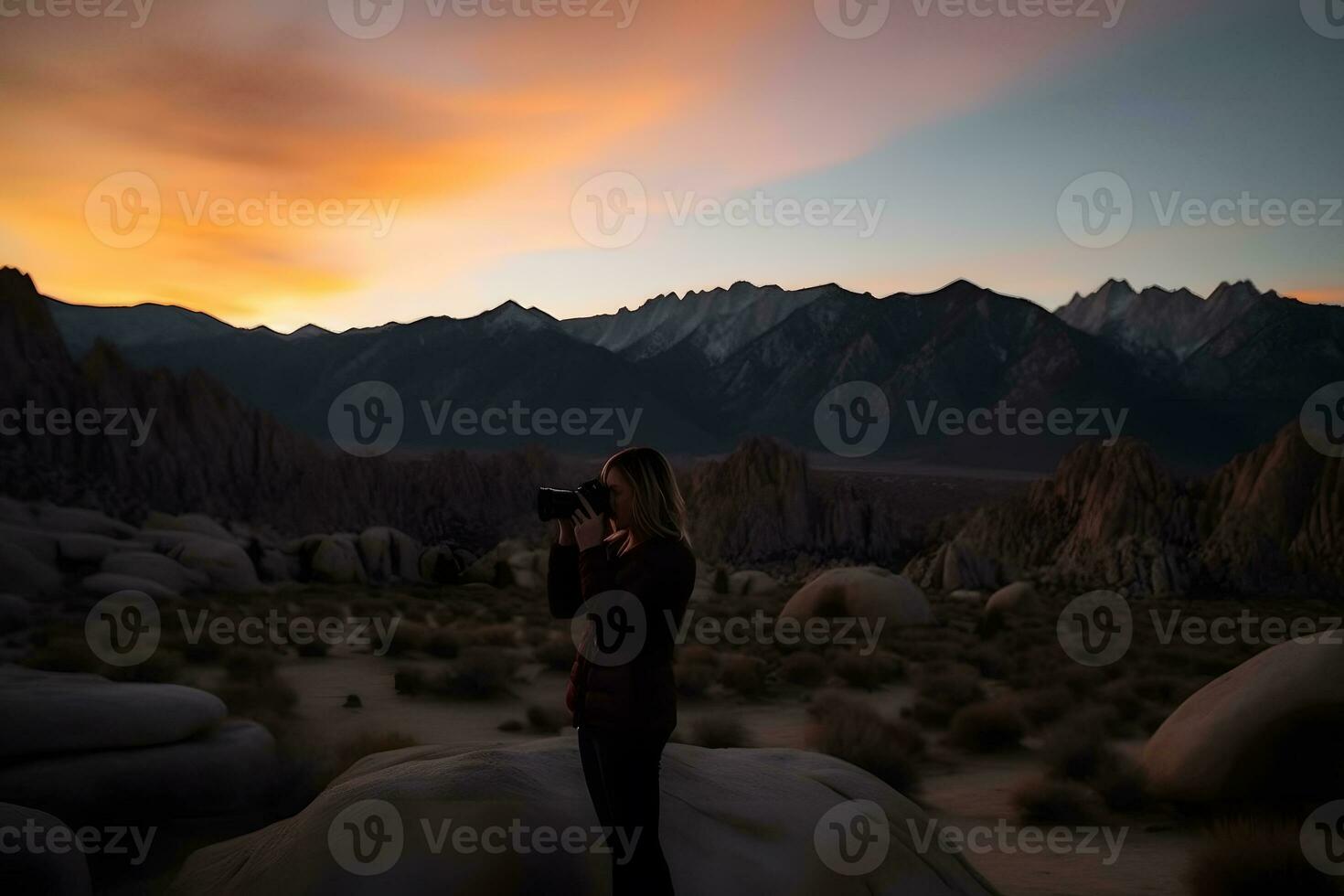 AI generated Young woman in the mountains taking pictures of the sunset. Neural network AI generated photo