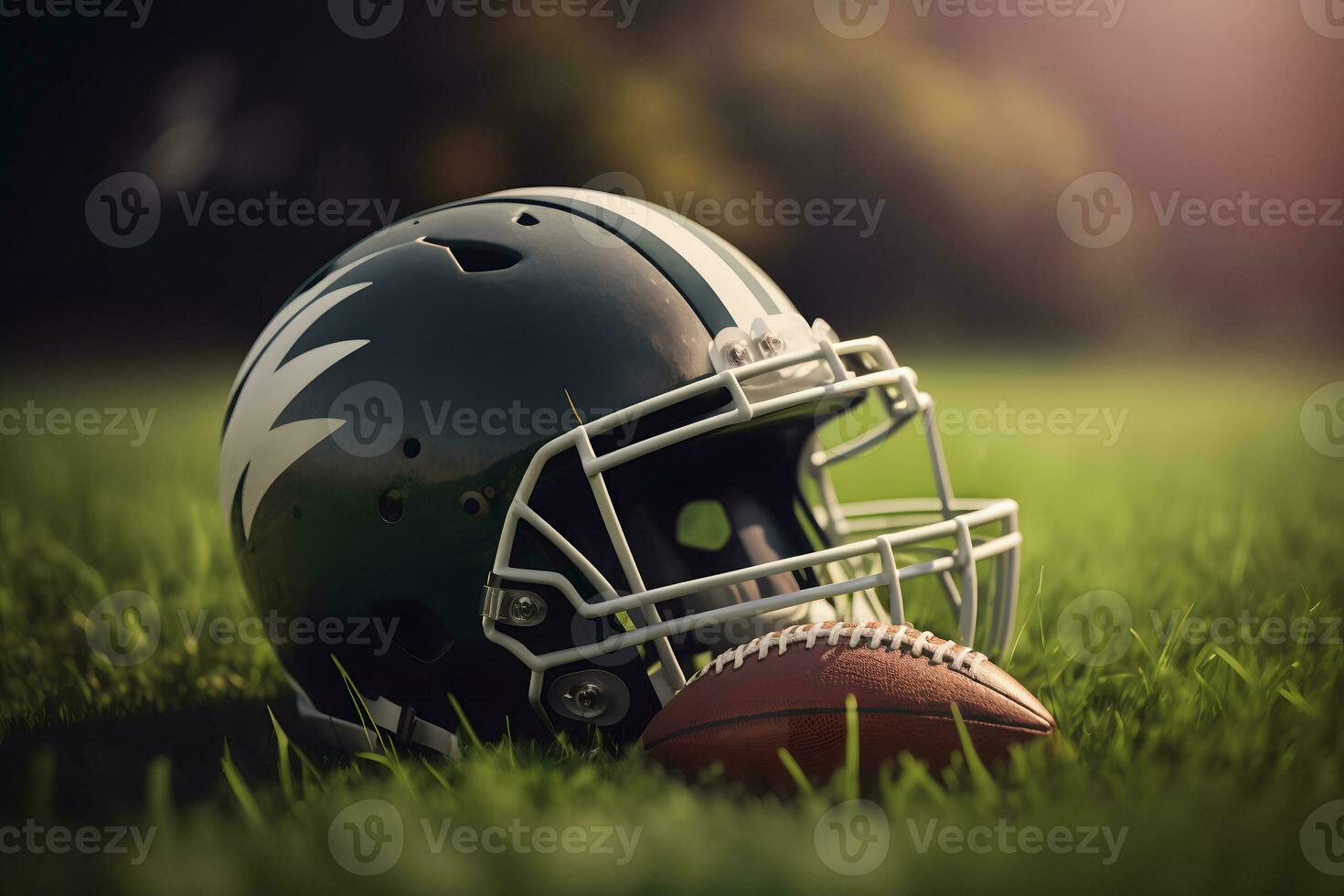 AI generated American football helmet on green grass. Neural network AI generated art photo