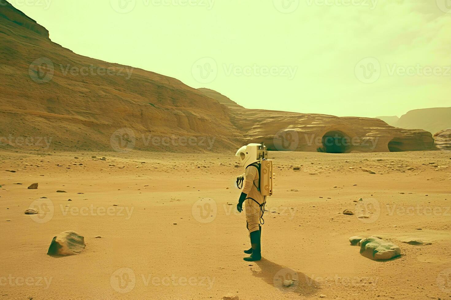 AI generated Courageous Astronaut in the Space Suit Explores Red Planet Mars Covered in Mist. Adventure. Space Travel. Neural network AI generated photo