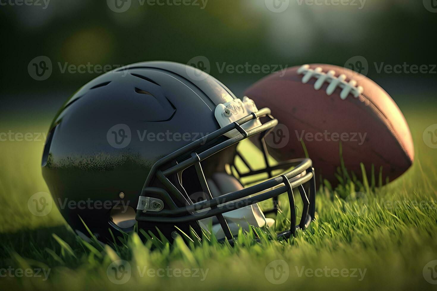 AI generated American football helmet on green grass. Neural network AI