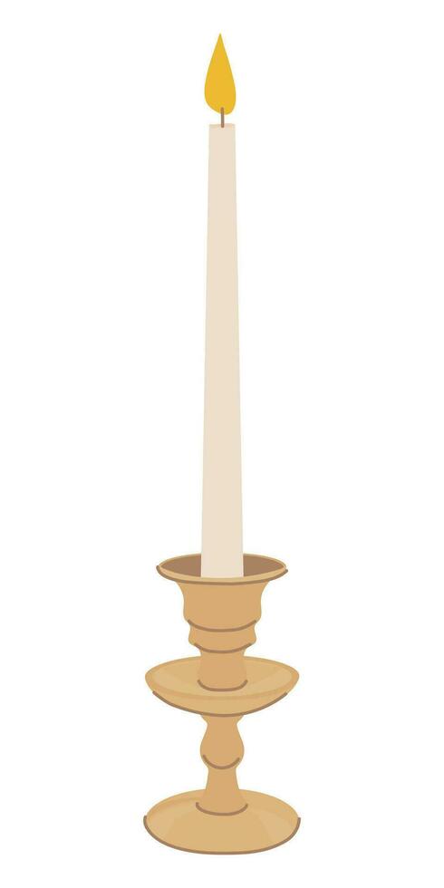 Candlesticks with a white burning candle. Vector evening for fortune telling. Religious symbol of faith.