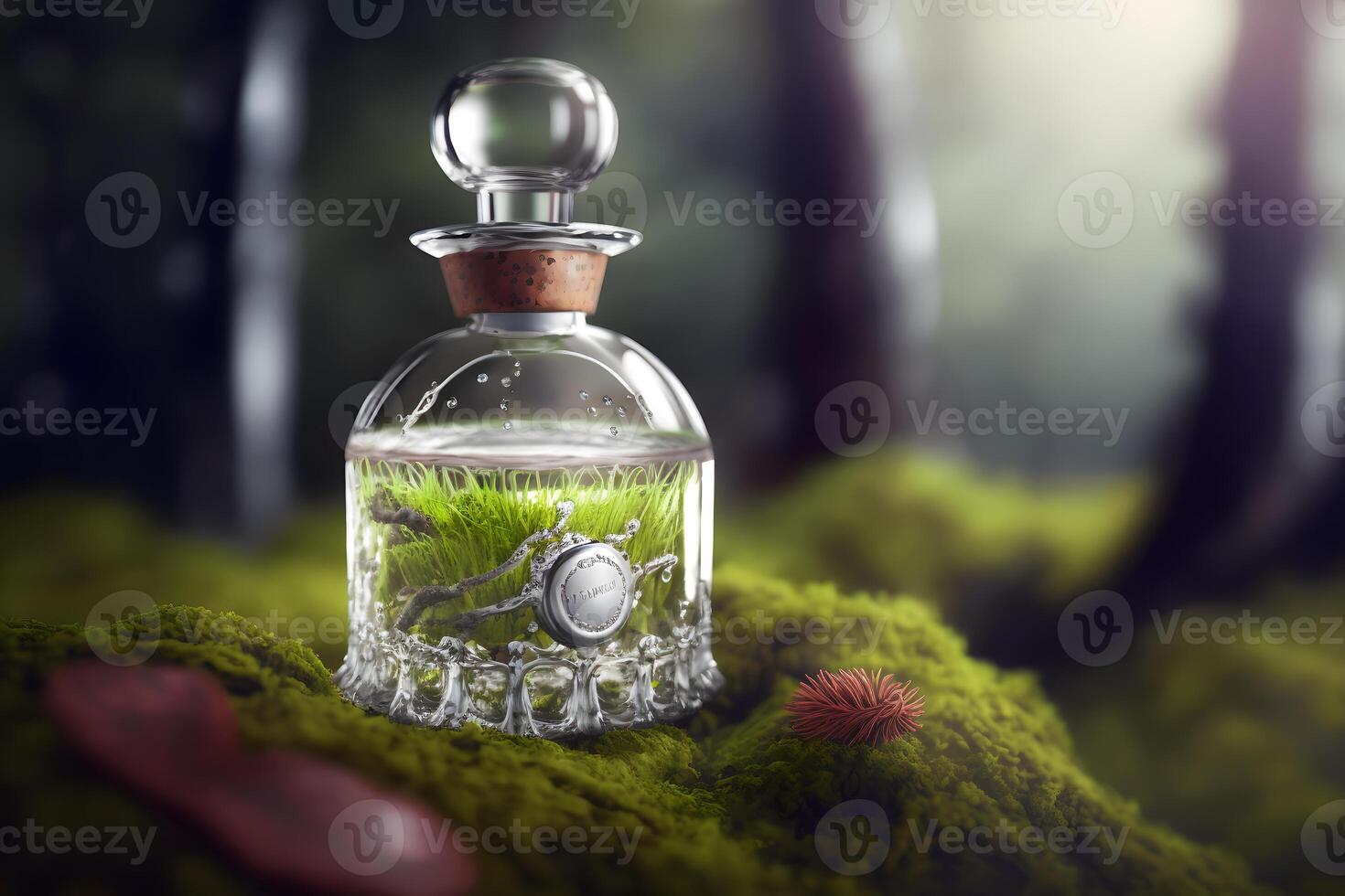 AI generated Perfume bottle in a green forest on a mossy substrate. Neural network generated art photo
