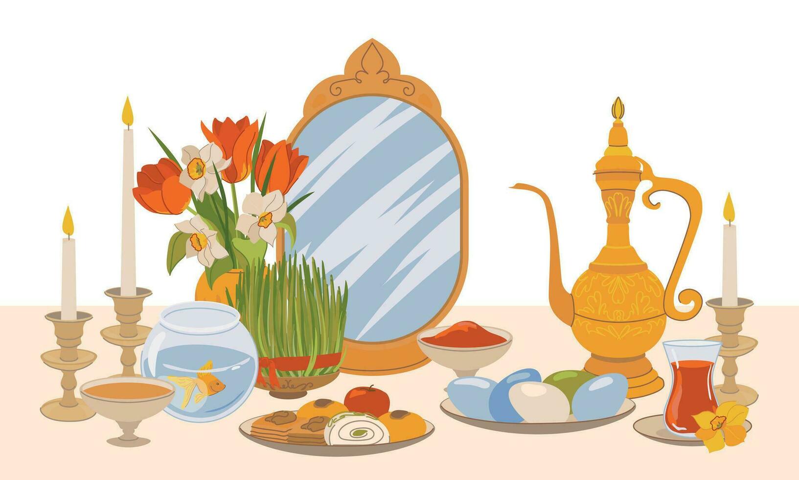 productos para el internacional día de navruz. iraní nuevo año es un sagrado día y religioso fiesta de zoroastrianos y bahá'ís. espejo, verde césped, dulces, velas, vinagre, flores plano vector. vector