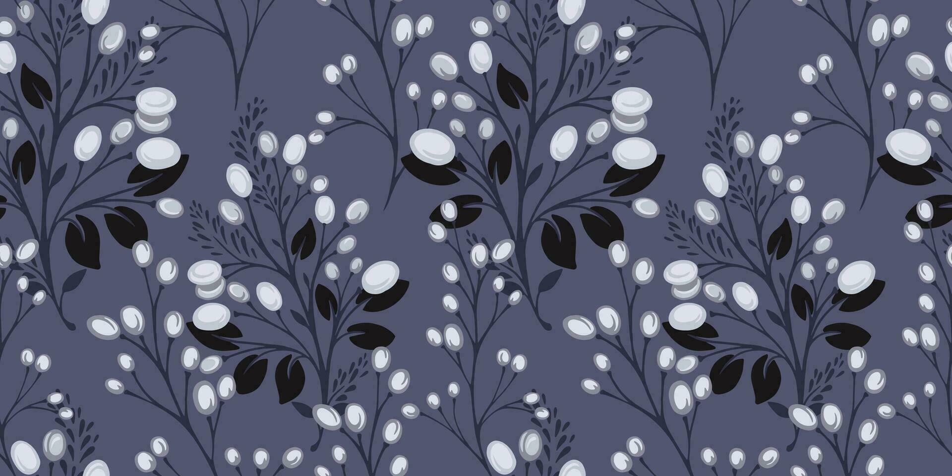 Vector hand drawn decorative, creative stem, branches with berries, leaves, drops, spots seamless pattern. Abstract floral black, grey print. Template for design, fashion, fabric, wallpaper