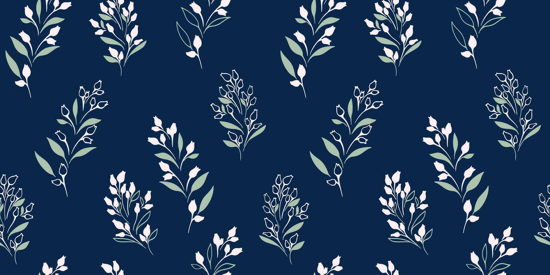 Stylized vector hand drawn sketch simple tiny branches, buds, leaves, drops  seamless pattern.  Artistic, gently retro floral blue dark print. Template for design, wallpaper, fashion, fabric