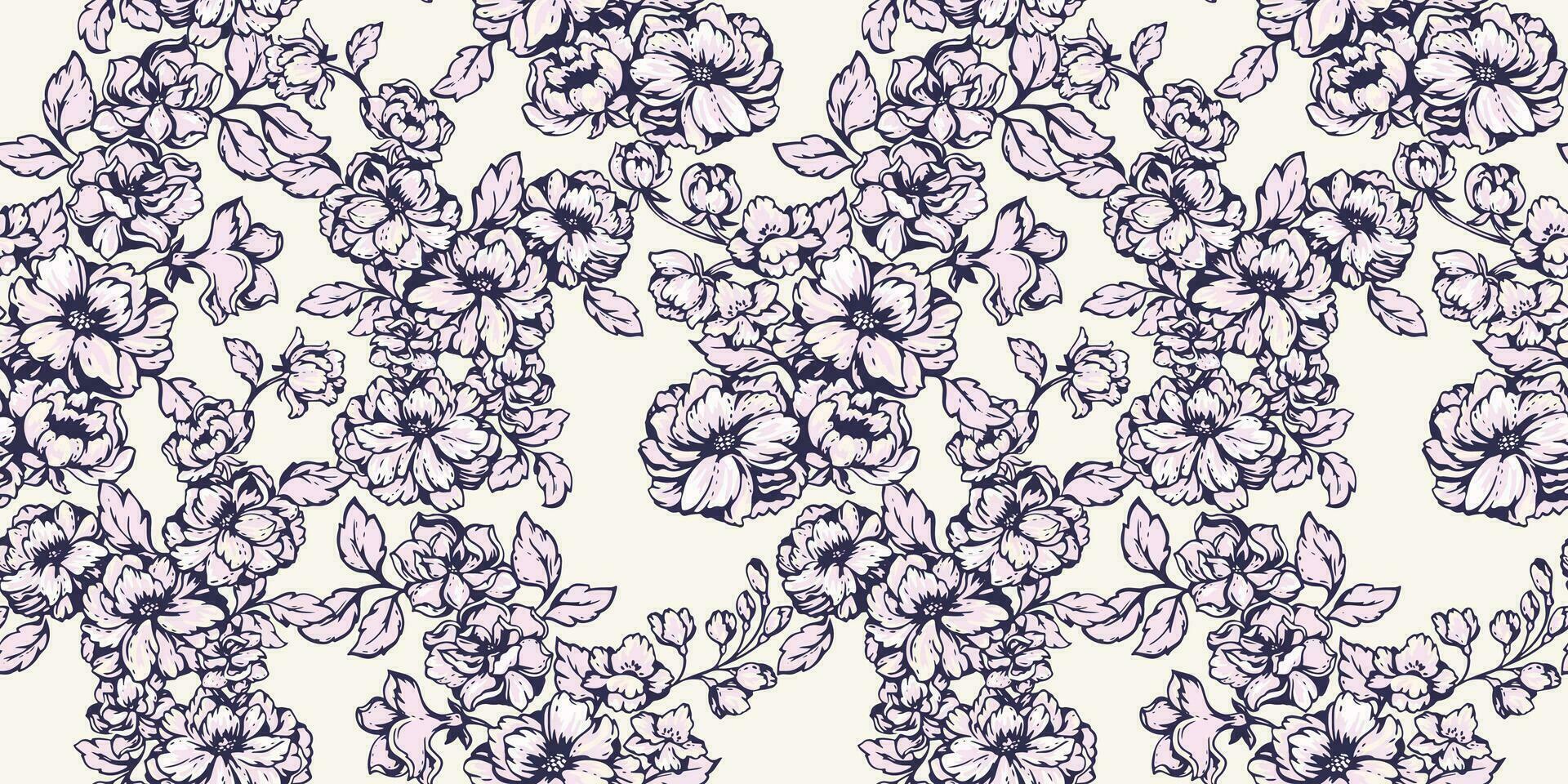Vector artistic flowers branches intertwined in a seamless pattern. Blooming pink floral on a light background. Vector hand drawn sketch. Template for textile, fashion, fabric, wallpaper