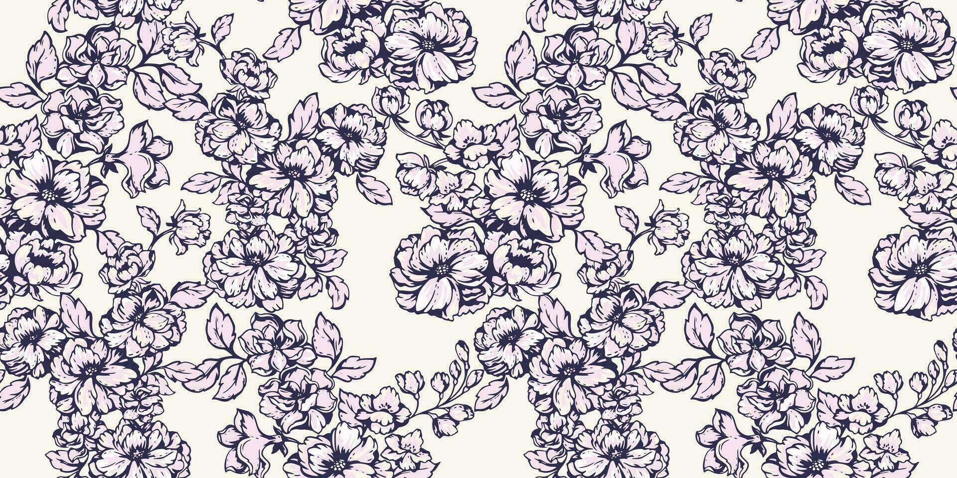 Vector artistic flowers branches intertwined in a seamless pattern. Blooming pink floral on a light background. Vector hand drawn sketch. Template for textile, fashion, fabric, wallpaper