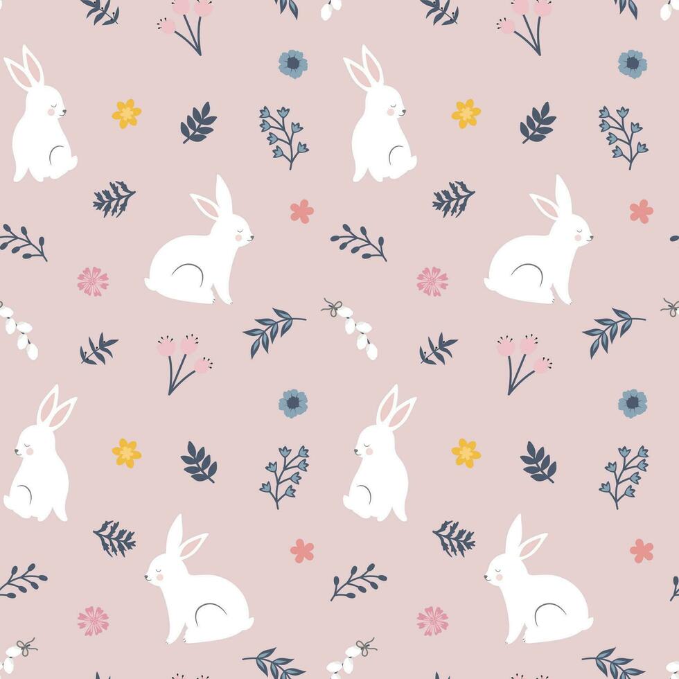 Cute seamless pattern with bunny, flowers, leaves. For happy easter vector