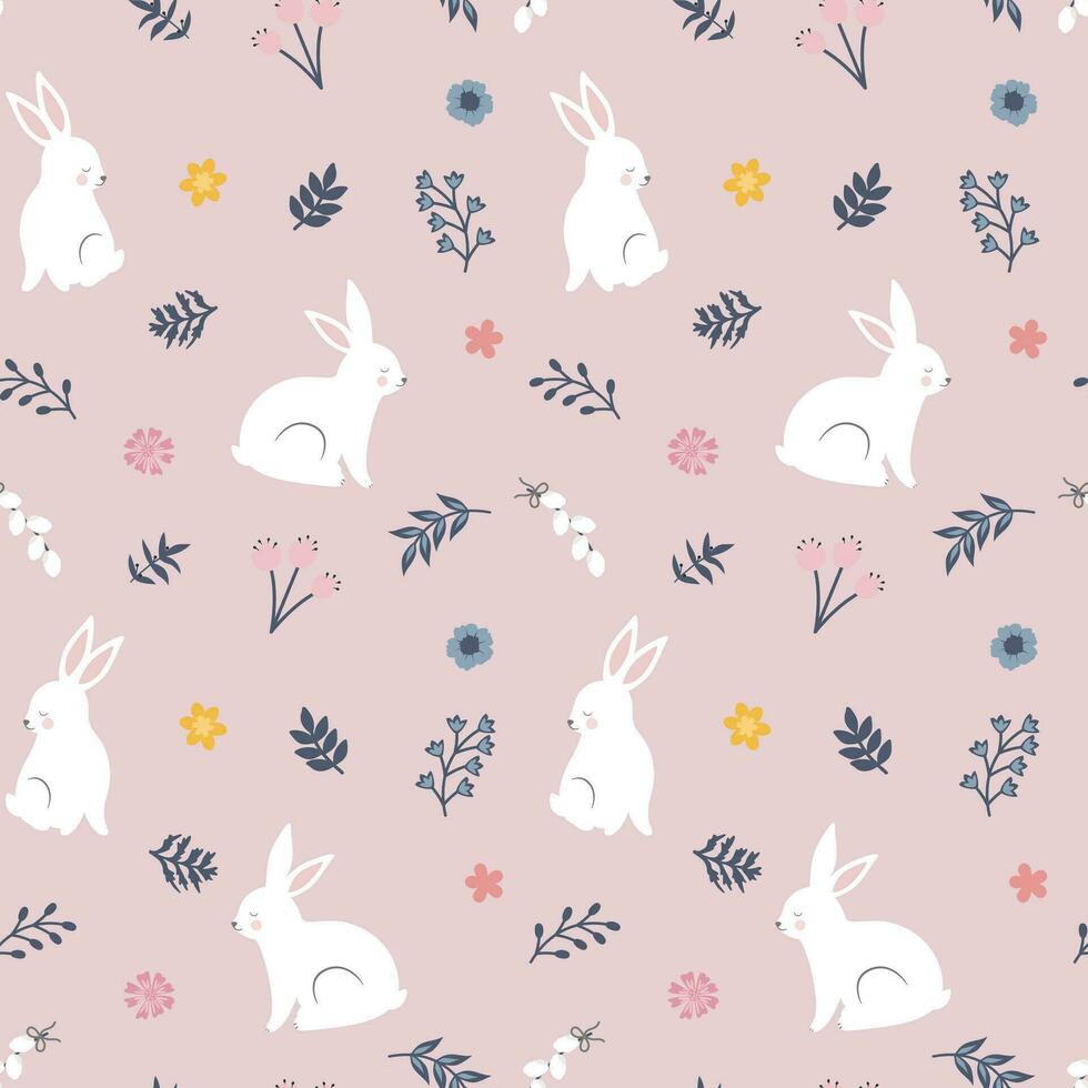 Cute seamless pattern with bunny, flowers, leaves. For happy easter vector