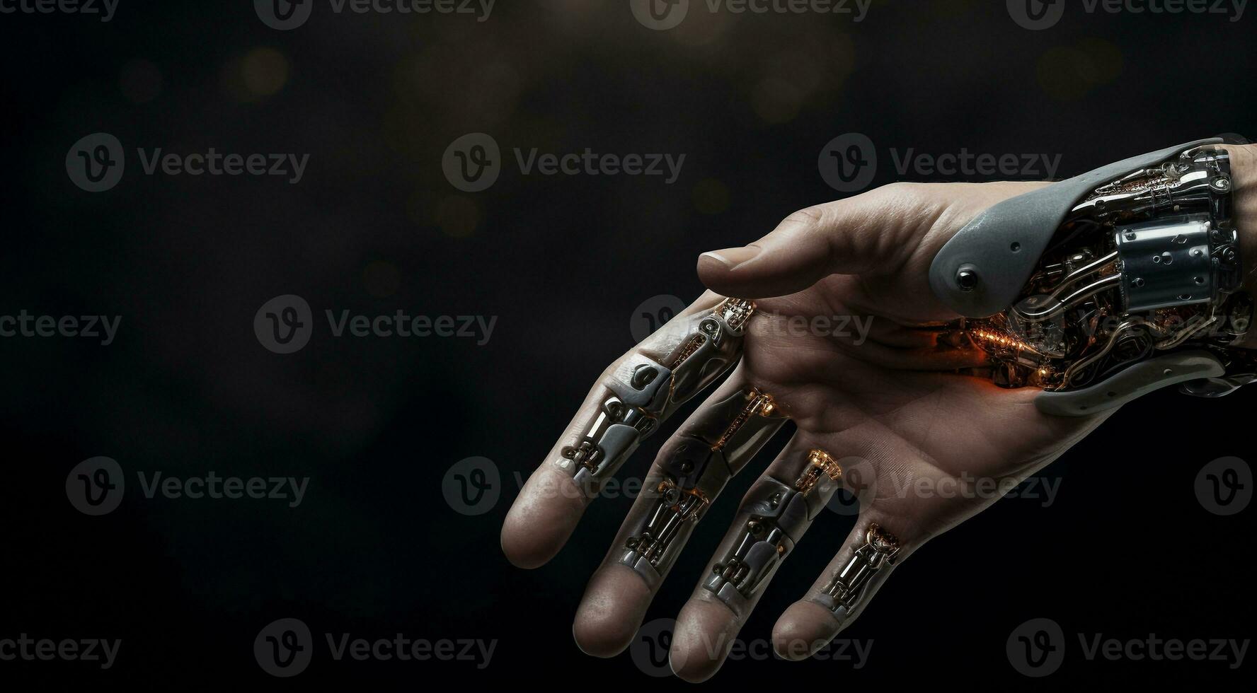 AI generated close-up of AI robot hand, AI robot hand on technology background, bionic robots hand close up, half human half robotic hand photo