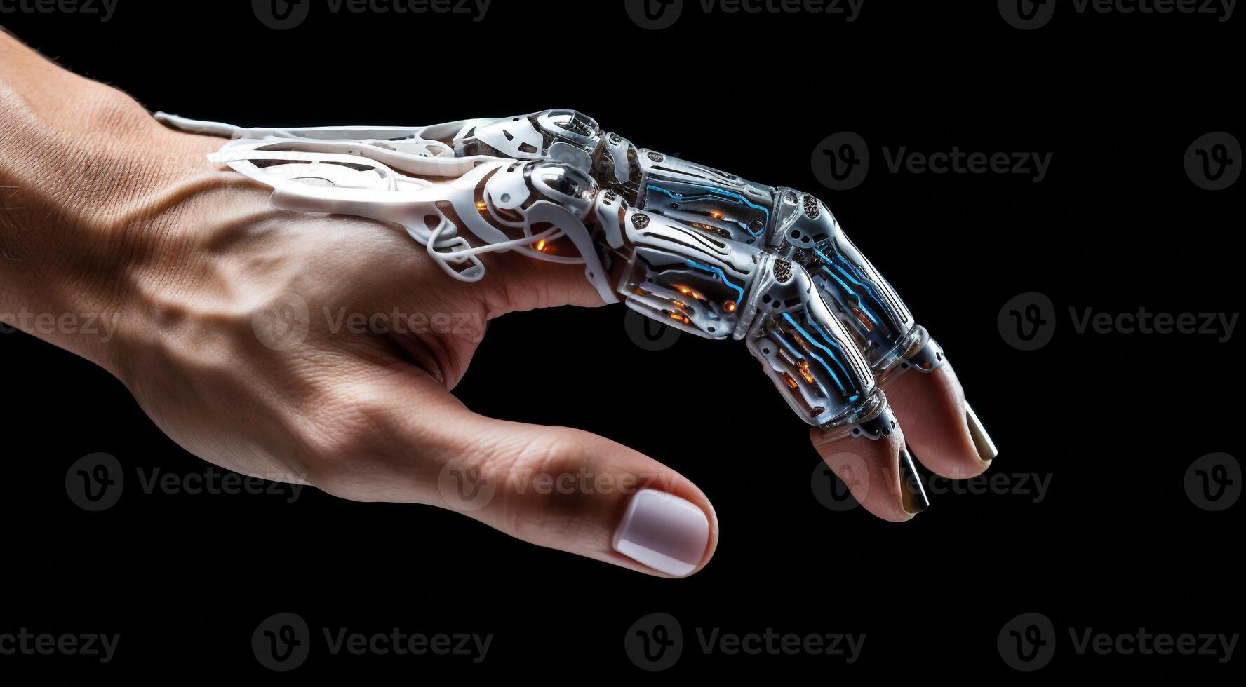 AI generated close-up of AI robot hand, AI robot hand on technology background, bionic robots hand close up, half human half robotic hand photo