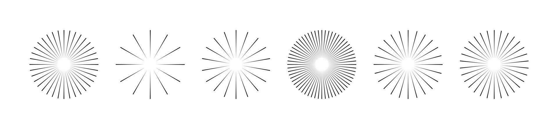 Starburst stripe round set. Ray lines emanate from the center of the circle. Pack of geometric elements. Isolated vector illustration on white background.