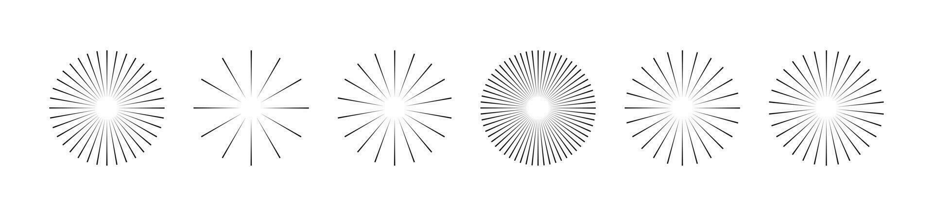 Starburst raya redondo colocar. rayo líneas emanar desde el centrar de el círculo. paquete de geométrico elementos. aislado vector ilustración en blanco antecedentes.