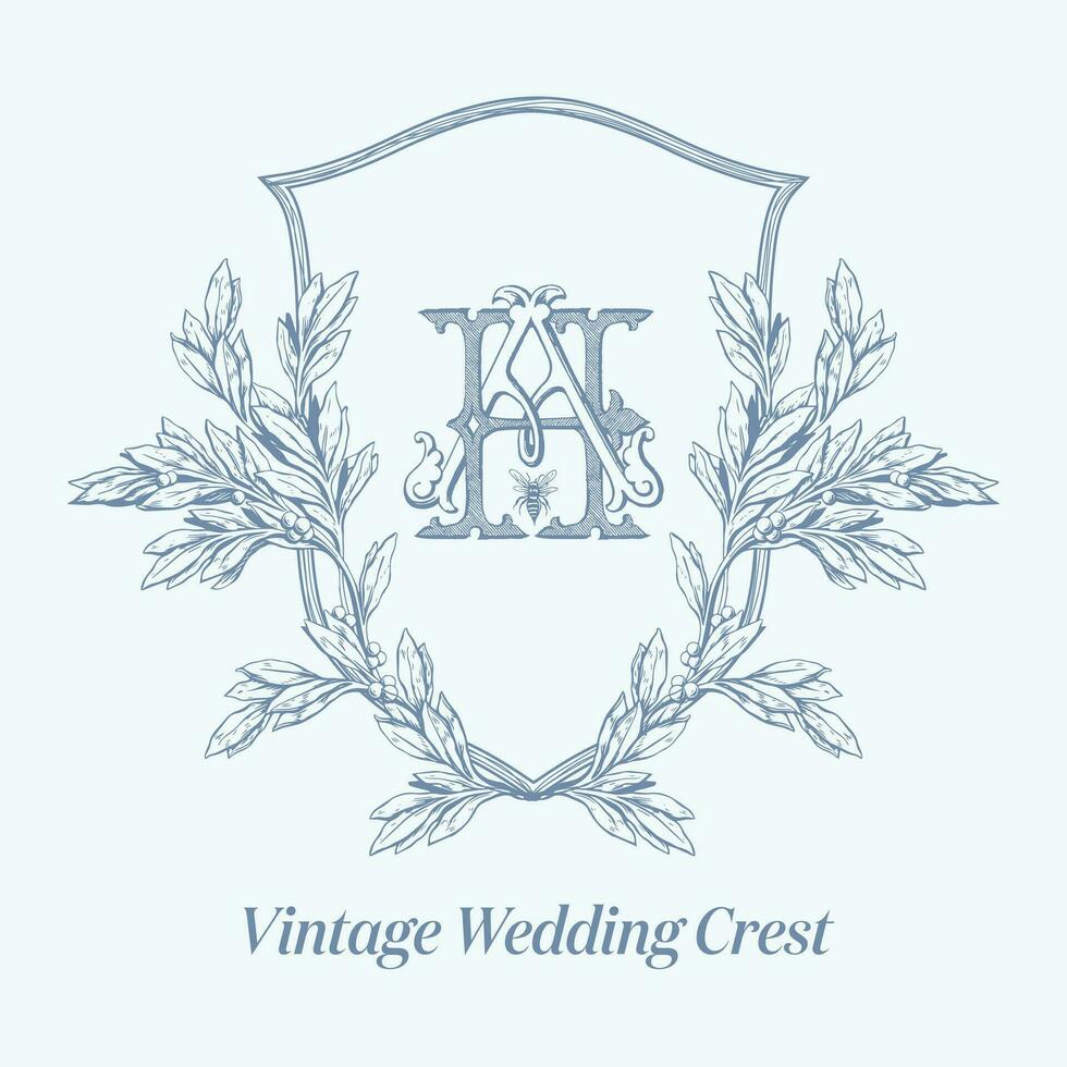 Wedding crest with AH initial vintage monogram. Antique text logo with bee vector illustration.