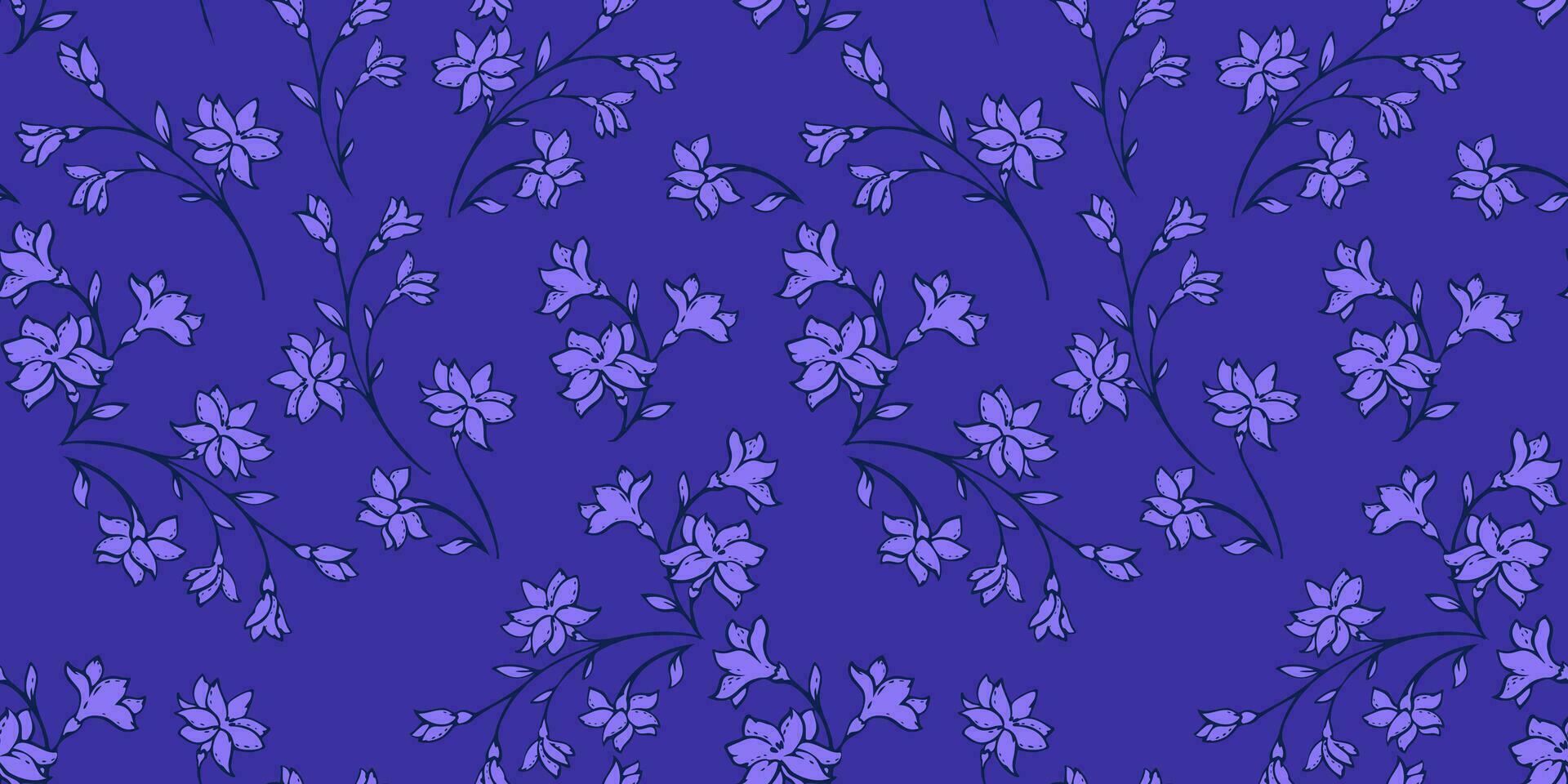Seamless gentle tiny branches ditsy flowers pattern. Monotone bright blue wild floral background. Vector hand drawn sketch doodle. Template for design