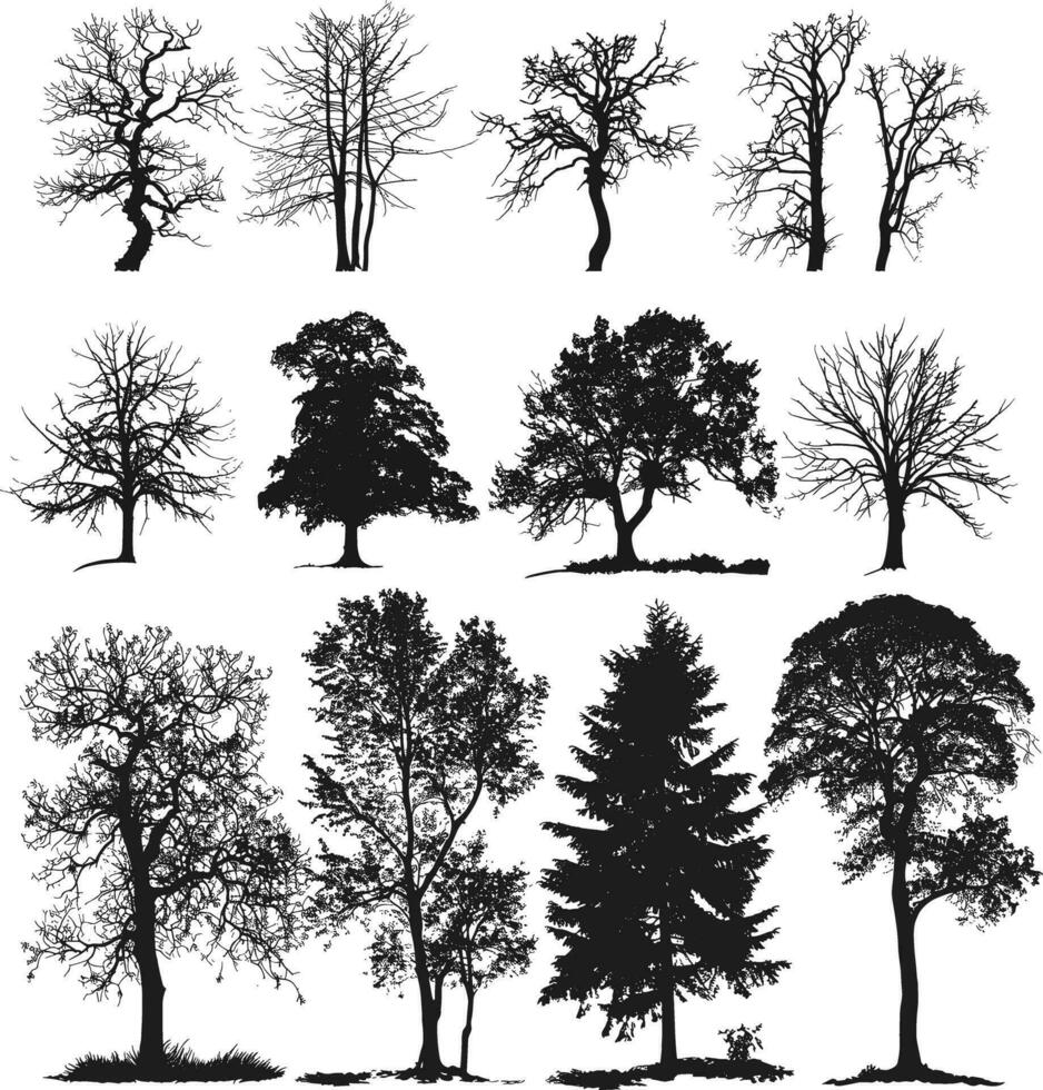 set of various trees silhouettes vector