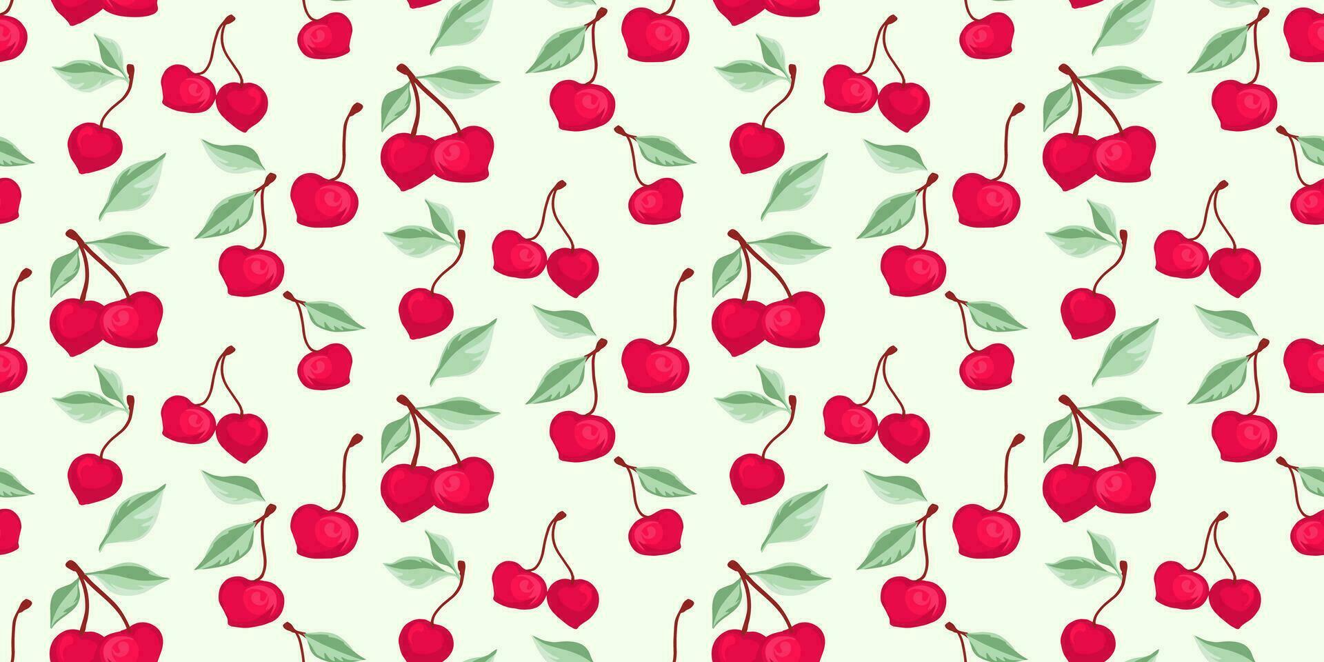 sin costura creativo vibrante rojo cerezas modelo en un ligero antecedentes. verano bayas, frutas, hojas, sencillo impresión. vector mano dibujado bosquejo. diseño ornamento para tela, moda, textil, fondo de pantalla