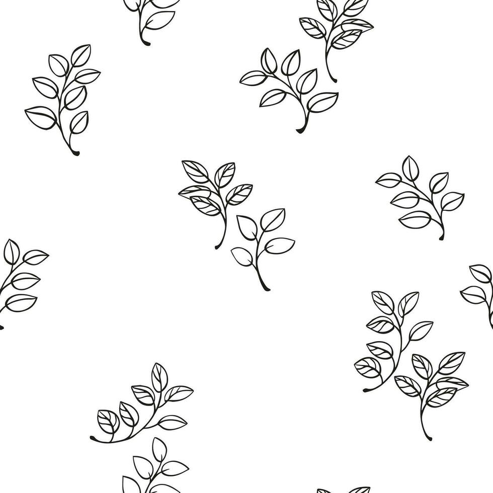 Vector hand drawn sketch doodle  branches leaves seamless pattern. Black and white texture print. Abstract simple botanical leaf stem printing. Template for textile, fashion, print, fabric, wallpaper