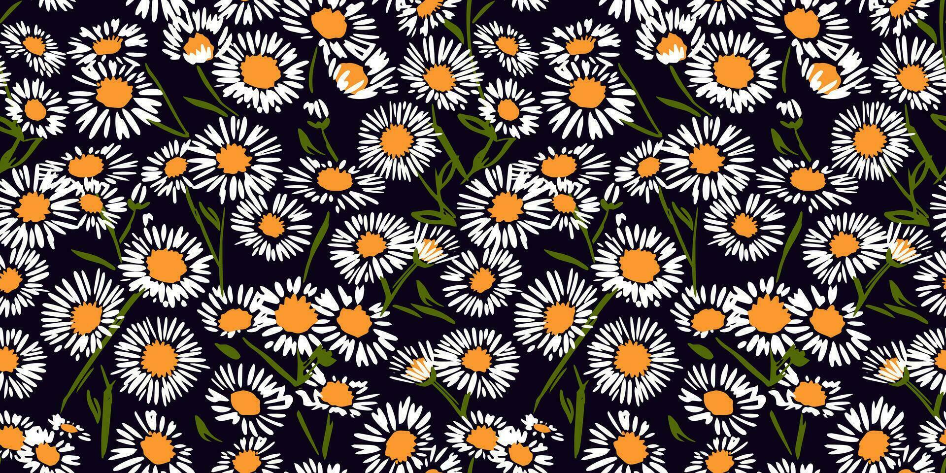 Simple artistic chamomile floral seamless pattern on a black background. Vector hand drawn ditsy, daisy flowers. Collage contemporary print. Design ornament for fashion, fabric, textile, wallpaper