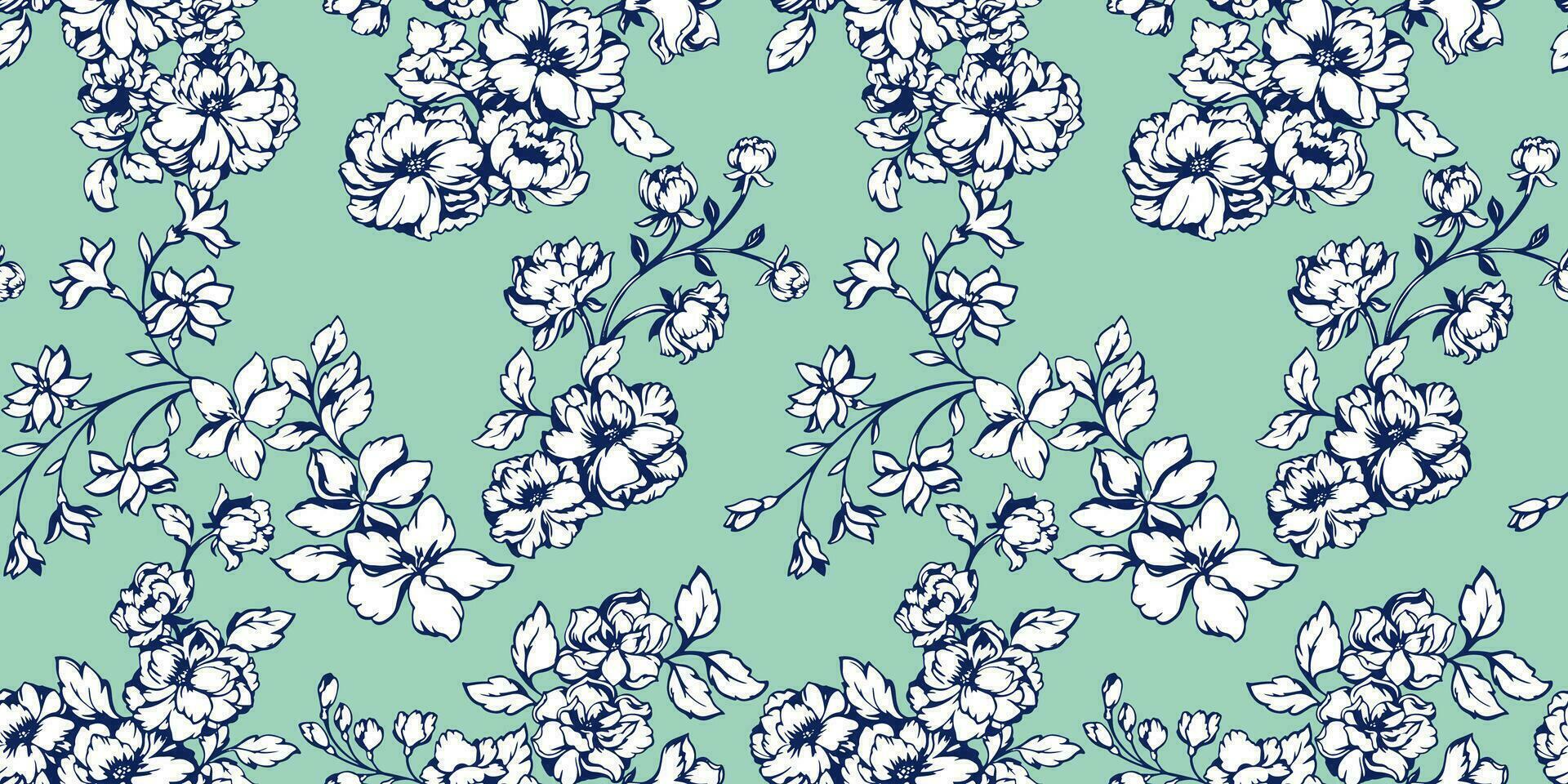 Seamless beautiful blooming in many kinds flowers pattern. Gentle, elegant,  artistic ditsy branches  floral print. Vector hand drawn. Template for design